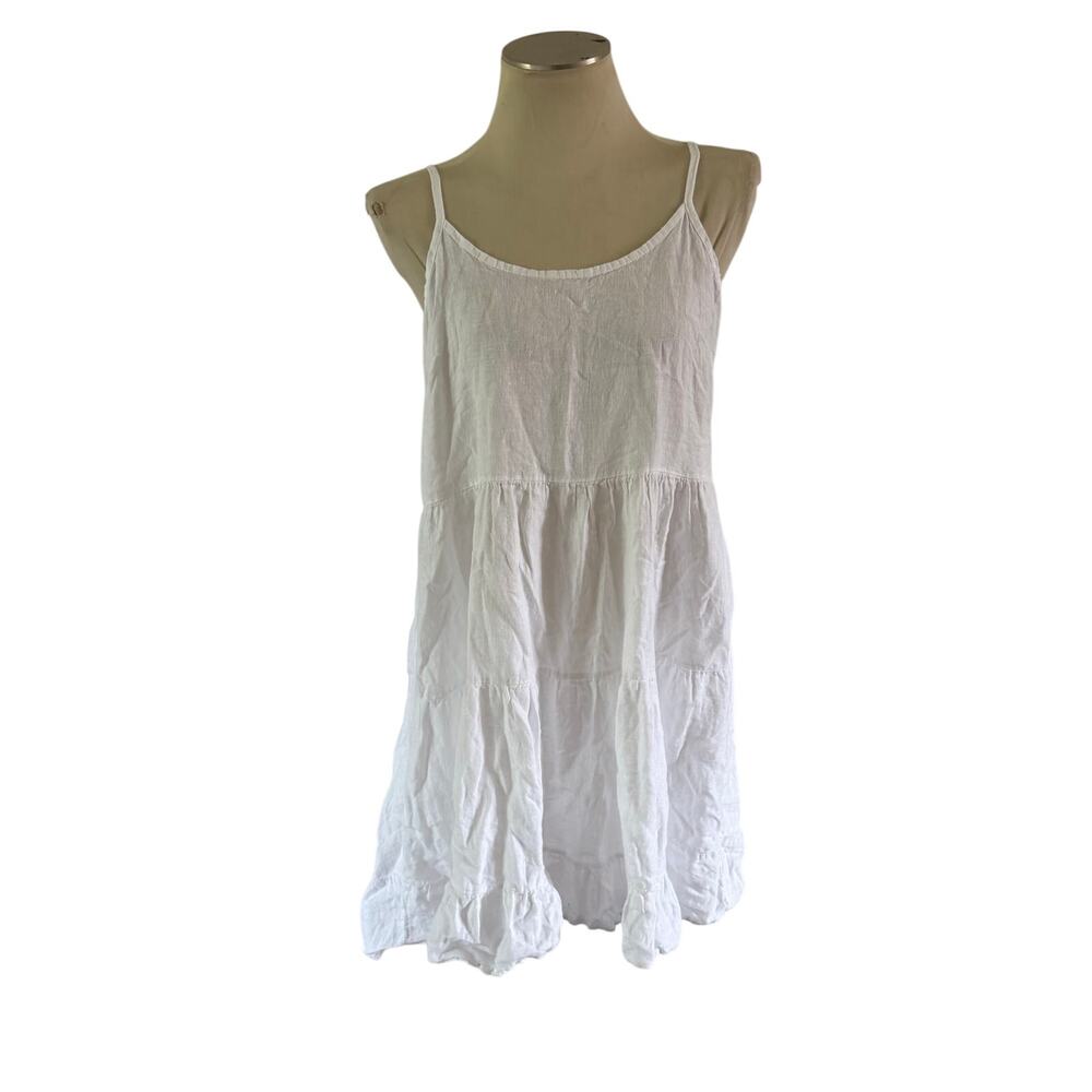 White 100% Italian Linen Mini Dress L Coverup Resortwear Loose Vacation